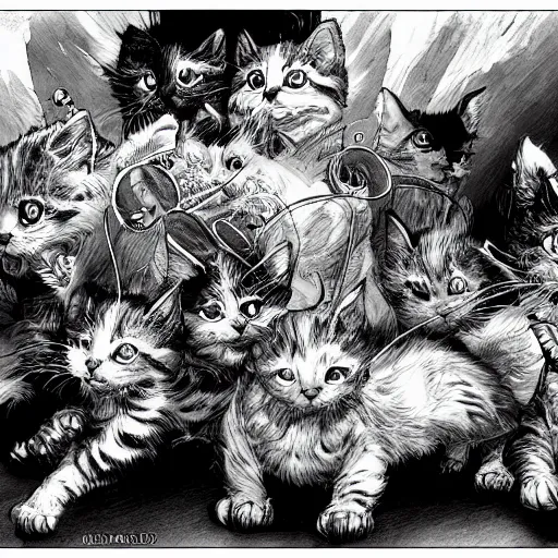 Image similar to Kittens summoning milk bones manga panel award winning black and white art by Kim Jung Gi highly detailed pen and ink matte painting