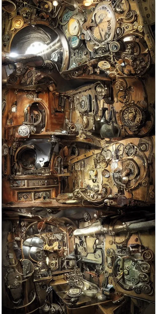 Image similar to a vintage steampunk living submarine by alexander jansson and where's waldo and leonardo da vinci