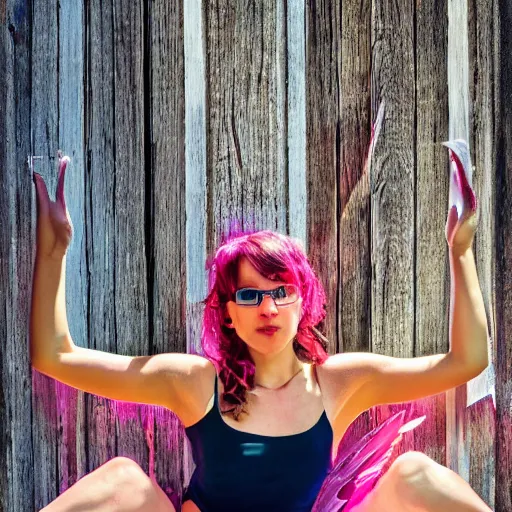 Prompt: woman in rave outfit sitting on a window ledge in a wooden barn, the afternoon sun is shining through behind her, revealing her wings in the sunlight. ultra high detail digital photography. cinematic composition, dramatic light. hdr.