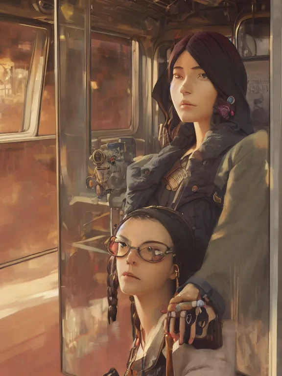 Image similar to an ultradetailed beautiful portrait painting of an female steampunk native inside a bus stop, side view, oil painting, high resolution, by ilya kuvshinov, greg rutkowski and makoto shinkai