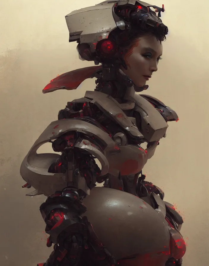 Image similar to portrait of a geisha robot by greg rutkowski and ruan jia, mecha, washed colors, dark, gloomy, matte painting, unreal engine 5