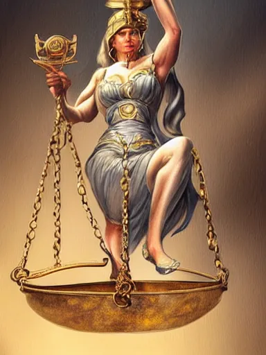 Prompt: lady justice holding two balance scales. blindfolded intricate, elegant, highly detailed, digital painting, artstation, concept art, sharp focus, illustration, by justin gerard and artgerm, 8 k