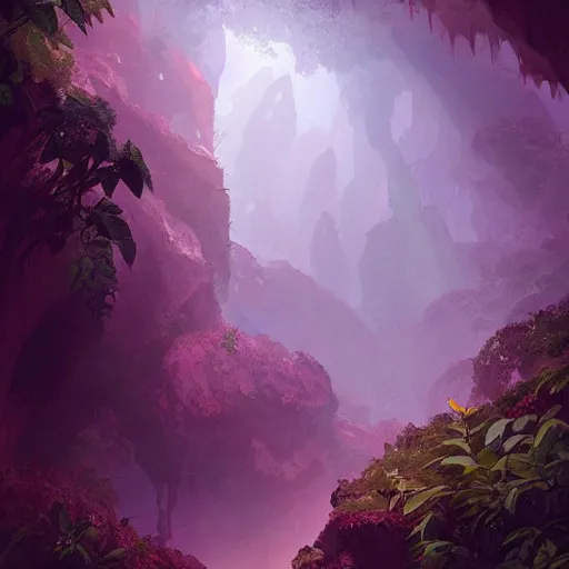 Image similar to beautiful giant piece of amethyst in a lush cave, greg rutkowski