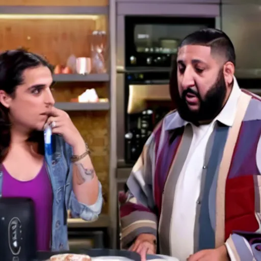 Image similar to hila klein from the h 3 podcast and dj khaled on an episode of hell's kitchen