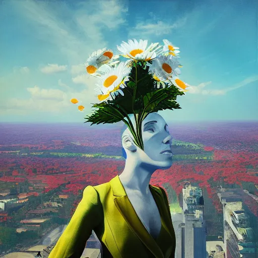 Prompt: huge daisy flower as a head, woman in suit, standing in modern window in luxury apartment, surreal photography, sunlight, impressionist painting, digital painting, artstation, simon stalenhag