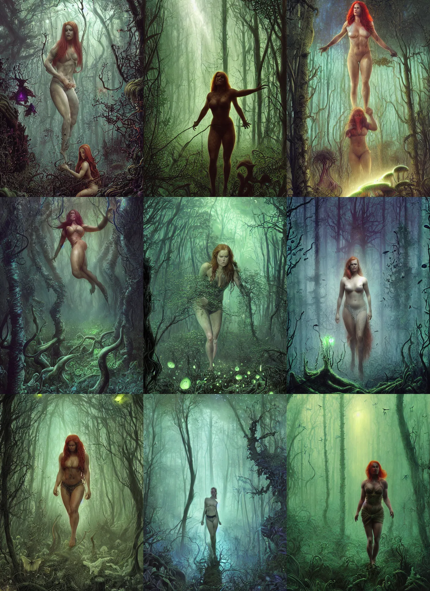 Prompt: muscled Amy Adams lost in a foggy bioluminescent mushroom forest, rainbow fireflies, creepy creatures hiding in long shadows, Donato Giancola, Mark Brooks, Ralph Horsley, Charlie Bowater, Artgerm, Christopher Balaskas, Bastien Lecouffe-Deharme