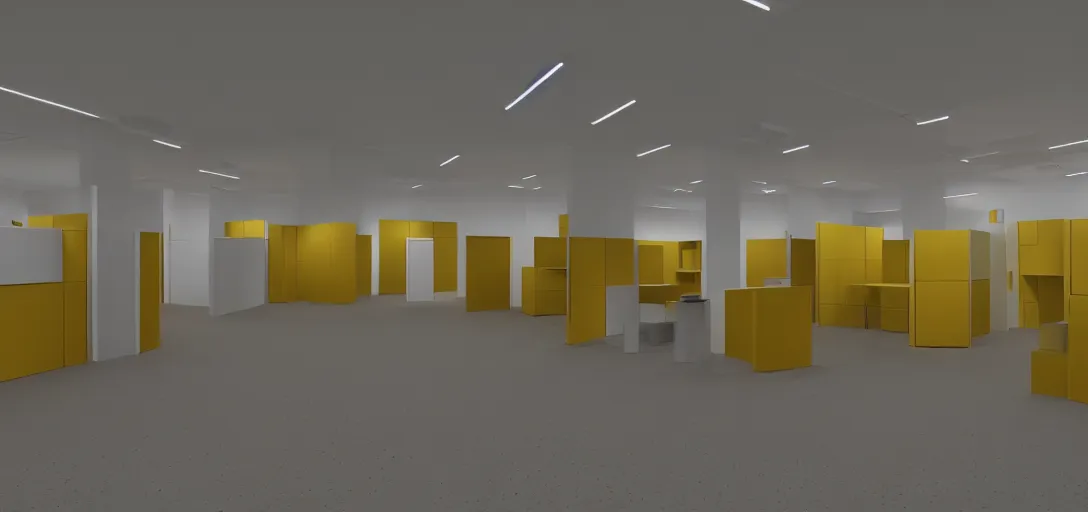 Image similar to backrooms yellow office place with nobody bright, 8 k photorealistic, hd, high details, trending on artstation