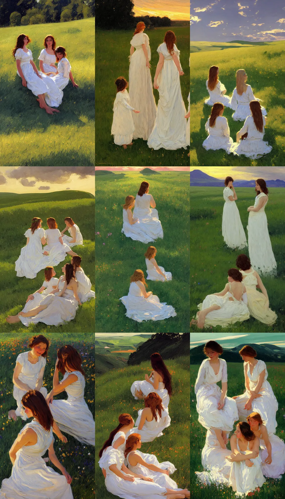 Prompt: three sitting girl in white dresses between clouds above green fields in sunset light, portrait, elegant, intricate, digital painting, artstation, concept art, smooth, sharp focus, illustration, art by ed mell and Daniel F. Gerhartz and Jacek Malczewski and gustav klimt-W 896