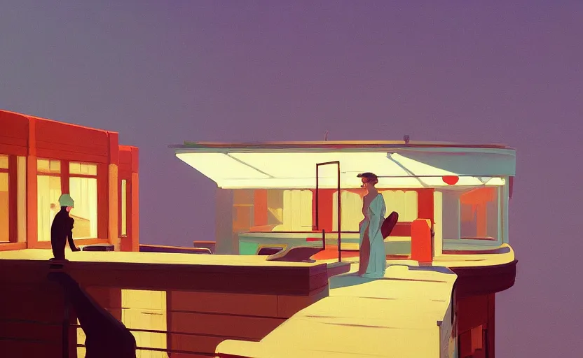 Image similar to a stream of consciousness by atey ghailan and edward hopper