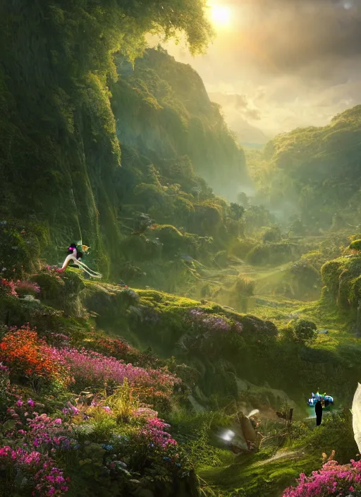 Image similar to an elegant winged fairy flying in the lord of the rings scenery landscape, looking out at a vast lush valley flowers and homes made of mushrooms, stream, sunrise, god's rays highly detailed, vivid color, cinematic lighting, perfect composition, 8 k, gustave dore, derek zabrocki, greg rutkowski, belsinski, octane render