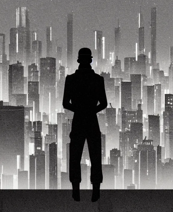 Image similar to human standing on top of the building, watching the city skyline calmly glowing on the background, inspired by isaac levitan, noir comics esthetics, sharp focus, less detailed, 8 k, high resolution