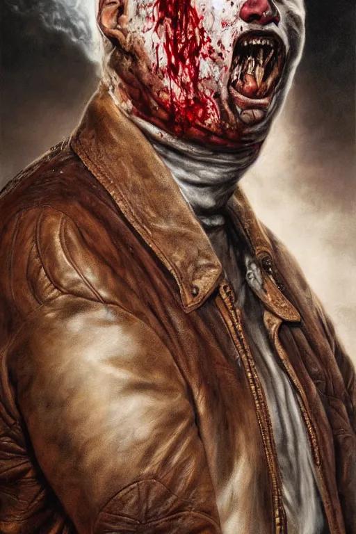 Prompt: a man with a black eye and bloody face wearing a brown leather jacket with a white fur collar. art by tomasz alen kopera and glenn fabry.
