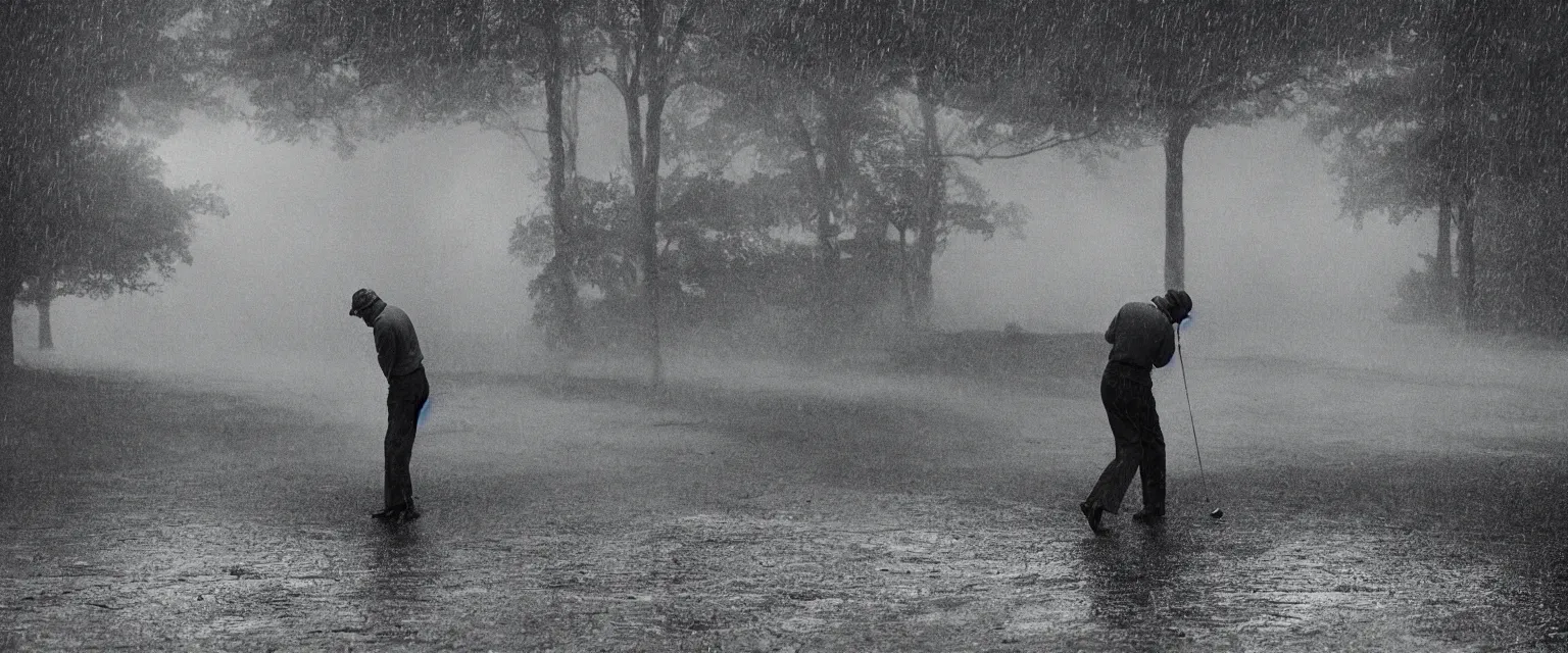 Image similar to detailed sharp photograph in the style of popular science circa 1 9 5 5 and gregory crewdson of a solitary man playing golf in the rain