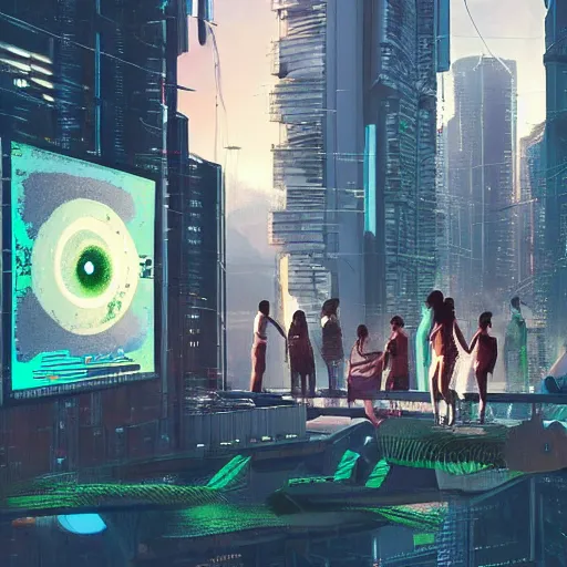 Image similar to a cinematic composition depicting : we're overlooking out of a window how high tech lush solarpunk tribe collaborating with their technologic android helpers are encroaching a cyberpunk resort sauna at sunrise, square lines, ghost in the shell, building architecture by santiago calatrava