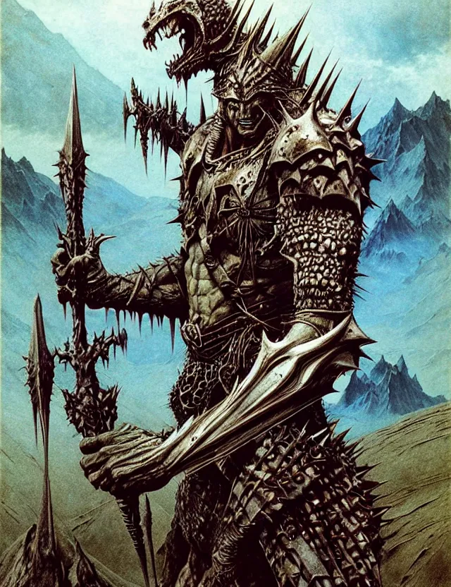 Prompt: A powerful large fanged orc with pale skin covered in scars stands near the mountains, wearing spiky complex detailed armor without a helmet. Extremely high detail, realistic, fantasy art, scars, solo, masterpiece, saturated colors, art by Zdzisław Beksiński, Arthur Rackham