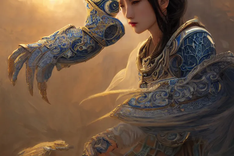 Image similar to portrait knights of Zodiac girl, Chinese Blue and white porcelain reflected armor, kung fu fighting in ruined Agora of Athens sunrise, ssci-fi, fantasy, intricate, very very beautiful, elegant, golden light, highly detailed, digital painting, artstation, concept art, smooth, sharp focus, illustration, art by tian zi and WLOP and alphonse mucha