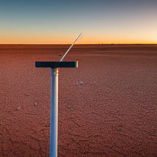 Prompt: rugged weather station sensor antenna for monitoring the australian desert, XF IQ4, 150MP, 50mm, F1.4, ISO 200, 1/160s, dawn