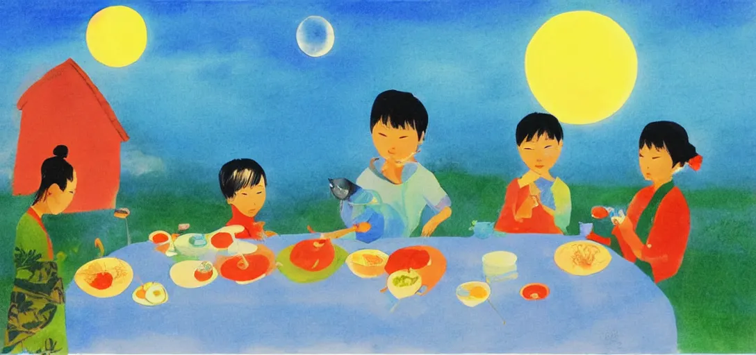 Image similar to a young asian family sitting at outdoor table, tea and food on the table, animal figurine placing around family, clear sky at night with a few clouds, full moon brightening by eric carle