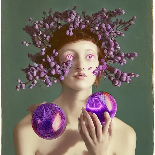 Image similar to a girl with three eyes : : on 5 translucent luminous spheres, full of floral and berry fillings, in an ocean of lavender color by rene margitte