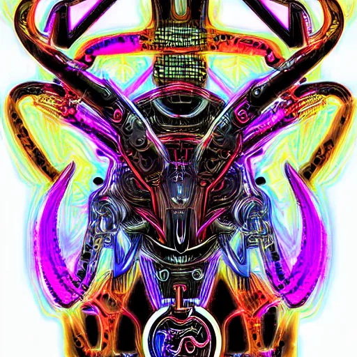 Image similar to biomechanical baphomet sigil merged with mainframe circuitry, multicolored digital art