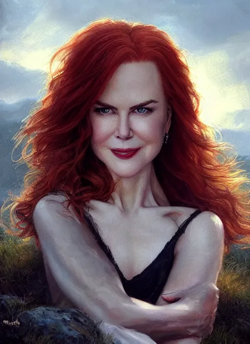 Prompt: nicole kidman with red hair, long haircut, beautiful highly detailed face, complementary lighting, backlit, black eyeshadow, grinning, adventure, dramatic lighting, landscape background, beautiful painting by artgerm and greg rutkowski and raymond swanland