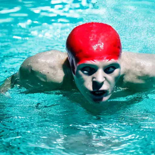 Prompt: portrait of nosferatu swimming in a swimming pool, sport photography