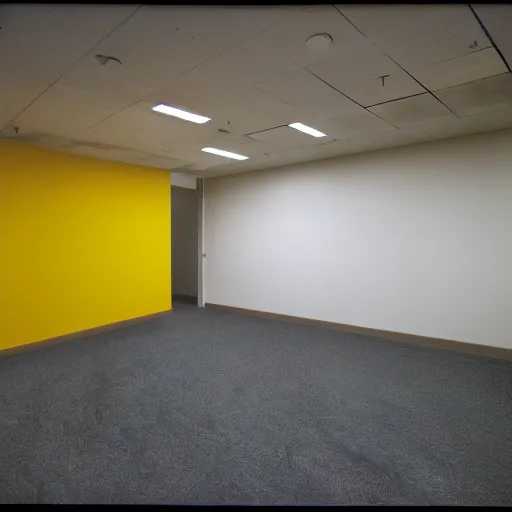 Image similar to A color film photograph of an empty endless office space, yellow walls, moist carpet, fluorescent lights, no furniture, no windows