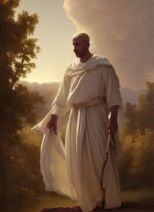 Image similar to oil painting portrait of a tonsured dominican monk in a white habit, striding dancing through a flourishing garden at sunset with a monastery in the background, hazy, digital art, chiaroscuro, artstation, cinematic, golden hour, digital art painting by greg rutkowski, william - adolphe bouguereau, hazy atmosphere, flowers, cinematic lighting