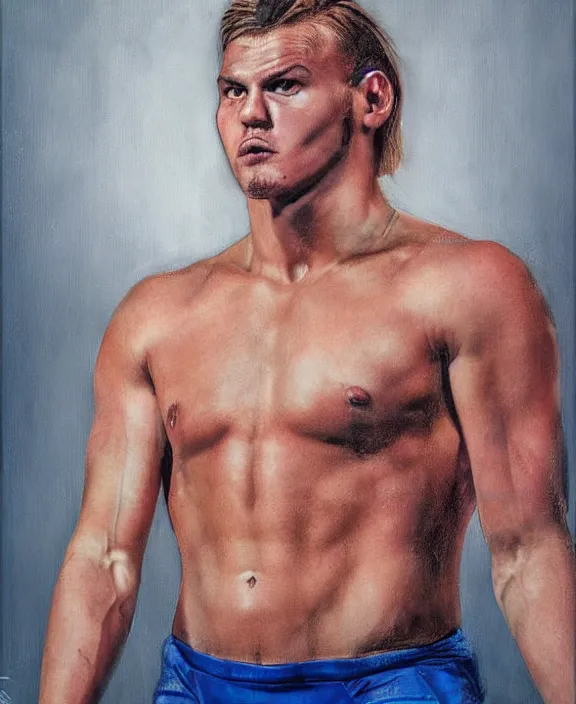 Prompt: portrait of a handsome young swedish wrestler, art by denys tsiperko and bogdan rezunenko, hyperrealism