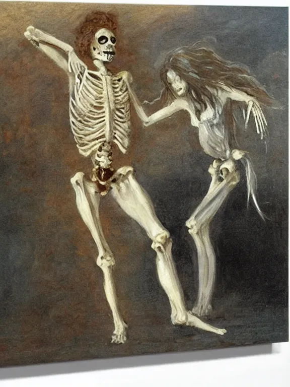 Image similar to young man's skeleton dancing with a long-haired drowned woman, pale, dark background, impressionism