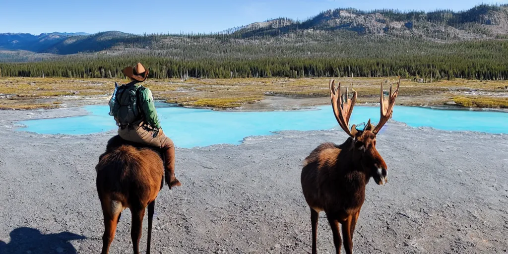 Prompt: hiker riding moose in yellowstone with prismatic spring in background