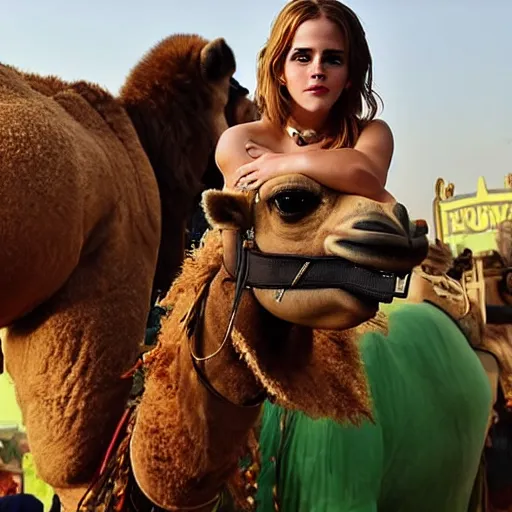 Image similar to photo of Emma Watson as an actual camel at a Halloween party. The Hulk is riding the camel and has flowers in his hair.