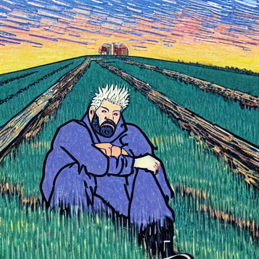 Prompt: sad ominous painting of guy fieri sitting in a field at night, in the style of studio ghibli and moebius and claude monet and vincent van gogh