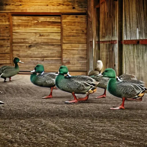 Prompt: many ducks running out of a barn at high speed realistic photograph