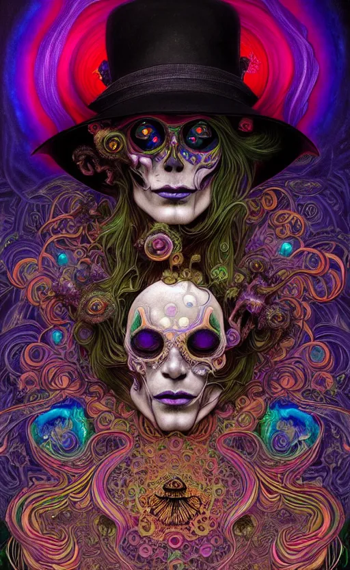 Image similar to An extremely psychedelic celestial undertaker in his black fedora hat, colorful, surreal, dramatic lighting, magic mushrooms, psilocybin, LSD, face, detailed, intricate, elegant, highly detailed, digital painting, artstation, concept art, smooth, sharp focus, illustration, art by Krenz Cushart and Artem Demura and alphonse mucha