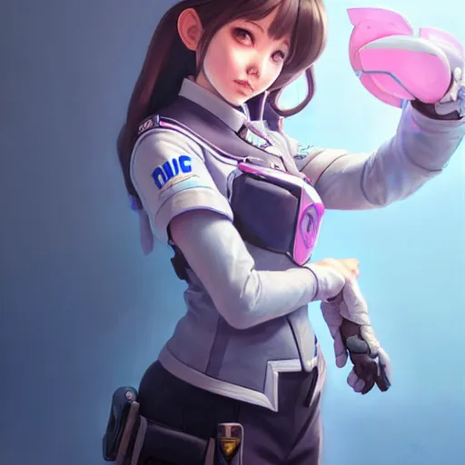 Image similar to Stunning Portrait of Bunny Ears D.VA from Overwatch wearing a police uniform by Kim Jung Gi, holding handcuffs in one hand Blizzard Concept Art Studio Ghibli. oil paint. 4k. by brom, Pixiv cute anime girl wearing police gear by Ross Tran, Greg Rutkowski, Mark Arian, soft render, octane, highly detailed painting, artstation