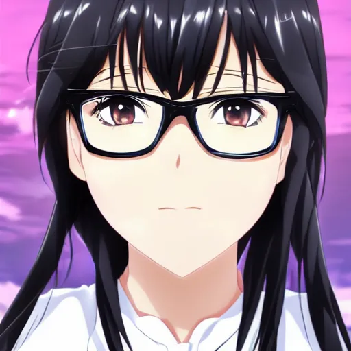 Prompt: Anime key visual of a girl with black hair and glasses , official media, trending on pixiv