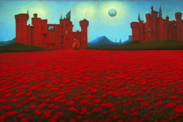 Image similar to only with red, red flowers of different types, a red tiger, a castle in the background, medieval demons dance over the flowers, an ancient path, in the style of beksinski, part by hopper, part by rodcenko, part by hofbauer, intricate composition, red by caravaggio, insanely quality, highly detailed, masterpiece, red light, artstation