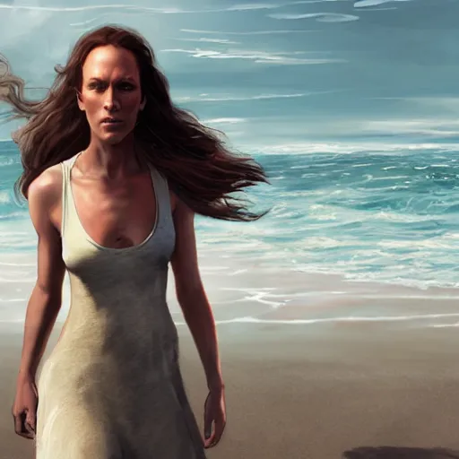 Image similar to A beautiful woman walking on the beach towards the viewer, high detail, 8K illustration, dynamic lighting, concept art, sunny, art by Leesha Hannigan and Greg Rutkowski,