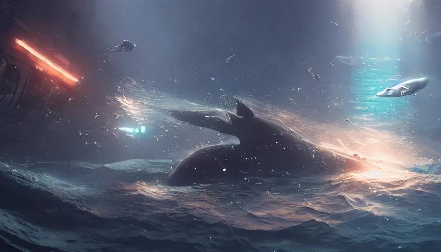 Prompt: underwater walking military mechs, glowing lights, whales, light, shadows, rippling reflections, epic composition, intricate, elegant, volumetric lighting, digital painting, highly detailed, artstation, sharp focus, illustration, concept art, ruan jia, steve mccurry