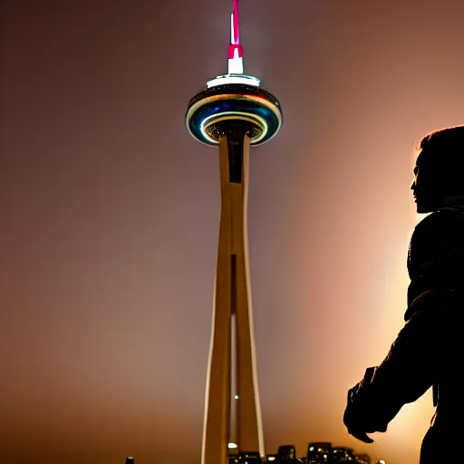 Image similar to man with mars for head in front of Toronto space needle, dramatic epic cinematic lighting, maple leaves and daggers background