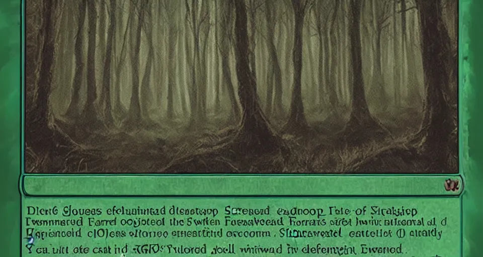 Prompt: A dense and dark enchanted forest with a swamp, from Magic the gathering