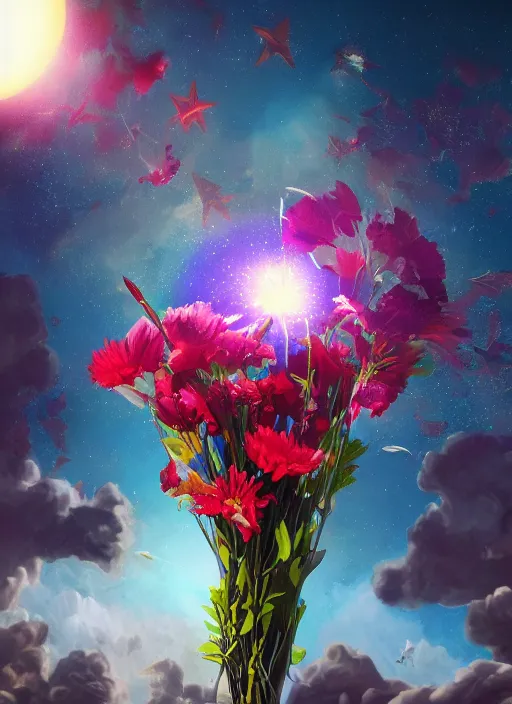 Image similar to An epic fantastic realism comic book style painting of the most beautiful flowers launched into space, bouquets, fisheye lens, unreal 5, DAZ, hyperrealistic, stars in the night sky, octane render, dynamic lighting