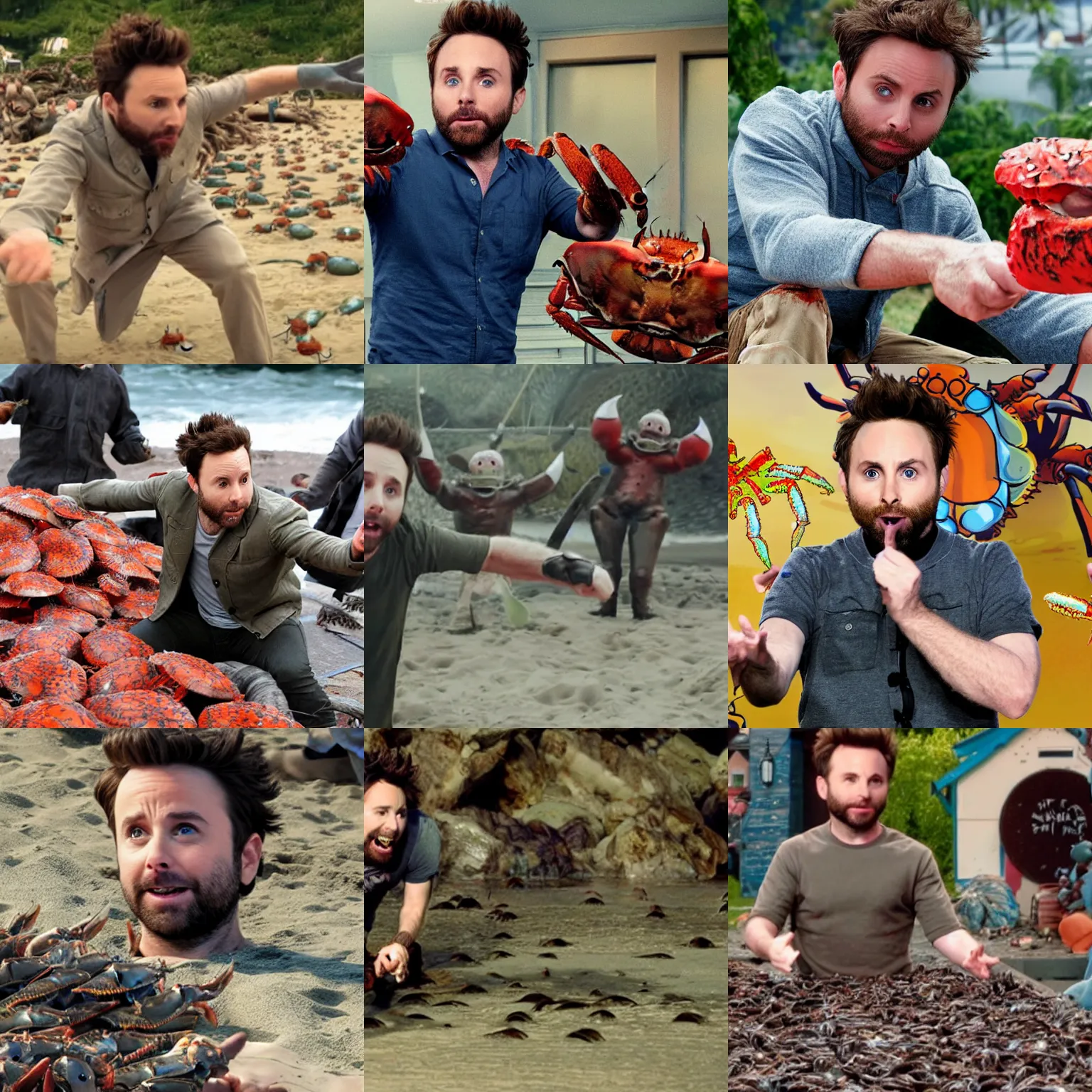 Prompt: Charlie Day fighting an army of crabs