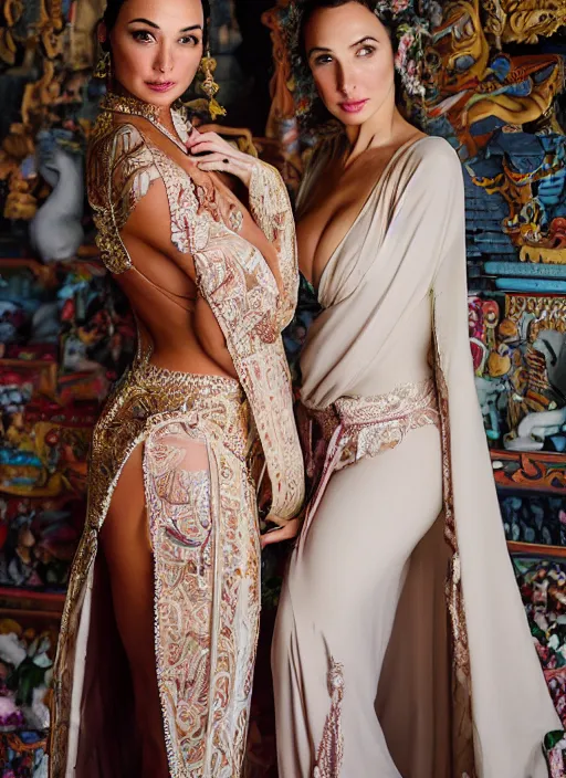 Prompt: portrait of lindsey pelas and gal gadot wearing kebaya in balinese temple, by charlotte grimm, natural light, detailed face, beautiful features, symmetrical, canon eos c 3 0 0, ƒ 1. 8, 3 5 mm, 8 k, medium - format print, half body shot