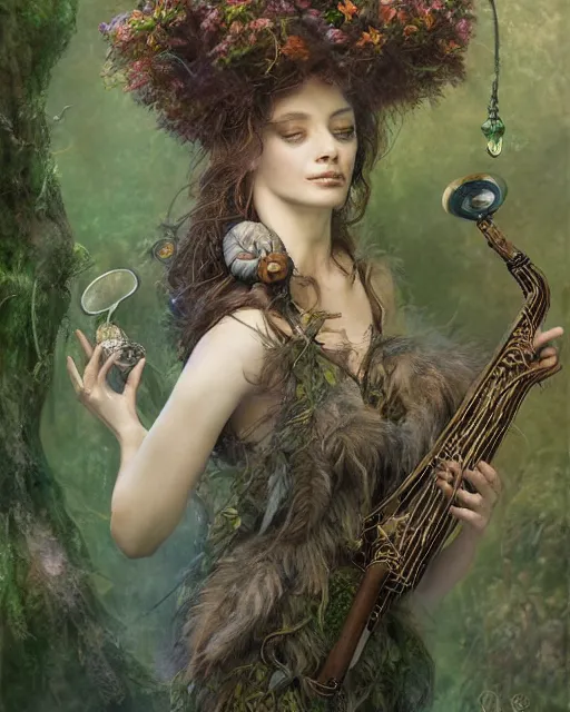 Image similar to dryad musician inspired by brian froud, portrait, accompanied by a cute feathered mouse, studio lighting by jessica rossier and brian froud and gaston bussiere