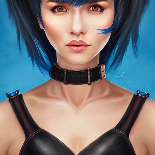 Image similar to illustrated realistic portrait of swept-back prong-horned devil woman with blue bob hairstyle and her tan colored skin and with solid black eyes wearing leather by rossdraws