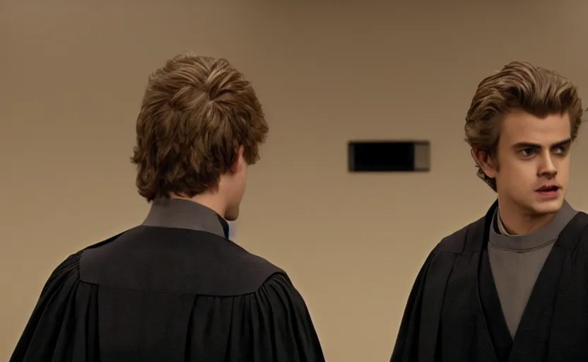 Image similar to anakin skywalker played by hayden christensen in jedi robes talking to a lawyer saul goodman suit in court, us court, better call saul scene 1 0 8 0 p, court session images, realistic faces