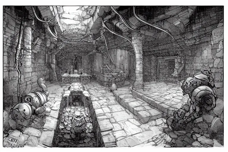 Image similar to one point perspective dungeon cozy fantasy dungeon hallway view with pit in the middle of the ground by artgerm and Craig Mullins, James Jean, Andrey Ryabovichev, Mark Simonetti and Peter Morbacher 16k