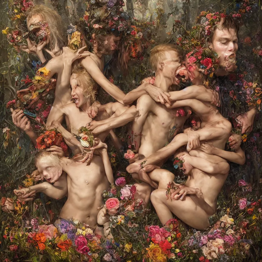 Image similar to male portrait of anorexic family eating rotten flesh and puking blood wearing a thong, surrounded by flowers by karol bak, james jean, tom bagshaw, rococo, trending on artstation, cinematic lighting, hyper realism, dramatic, emotional, octane render, 8 k, hyper detailed.